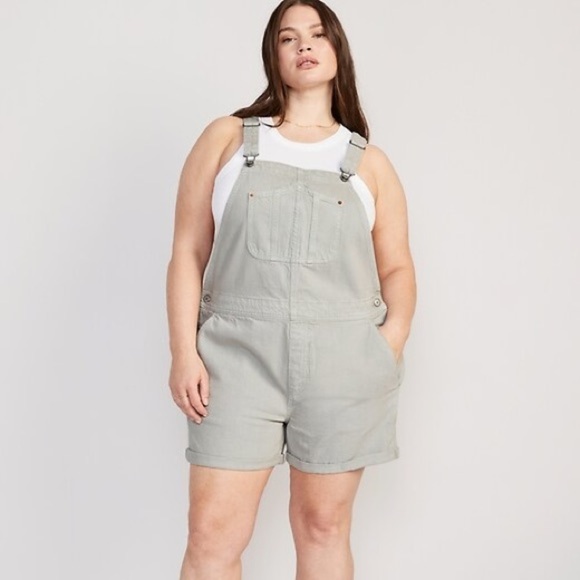Old Navy Womens Large Green Shortalls Overall Denim Shorts - Picture 1 of 7